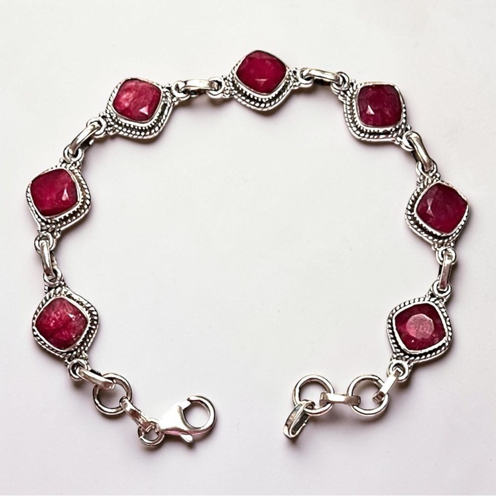 Elegant Artisan Sterling Silver Ruby Chain Link Bracelet